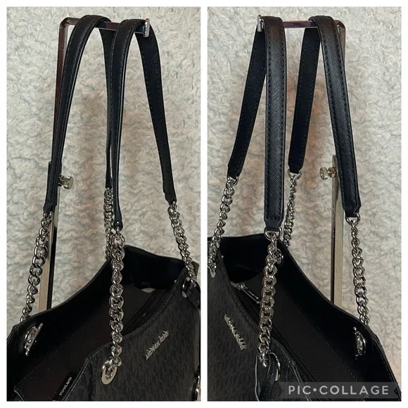 Michael Kors Jet Set Large Monogram Shoulder Bag Tote & Studded Wallet Set Black - Picture 7 of 17